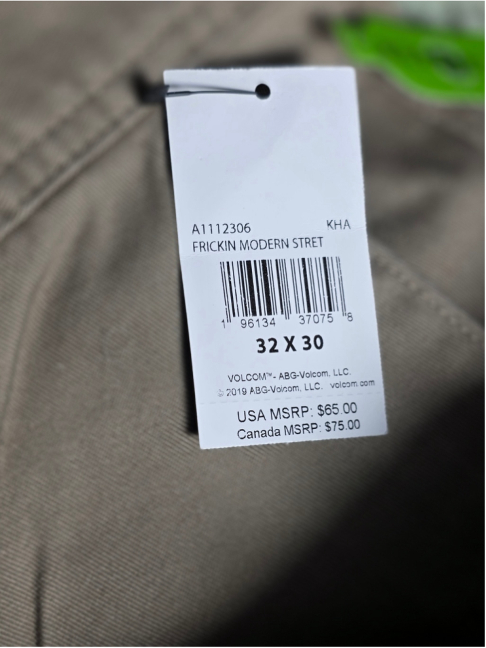 Men's Volcom Frickin Modern Stretch Chino Pants, Beige, Waist 32 x 30, workwear - Picture 9 of 9